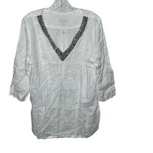 Cynthia Rowley White Linen Beaded V-Neck Tunic Top L Boho Resort Chic Coastal